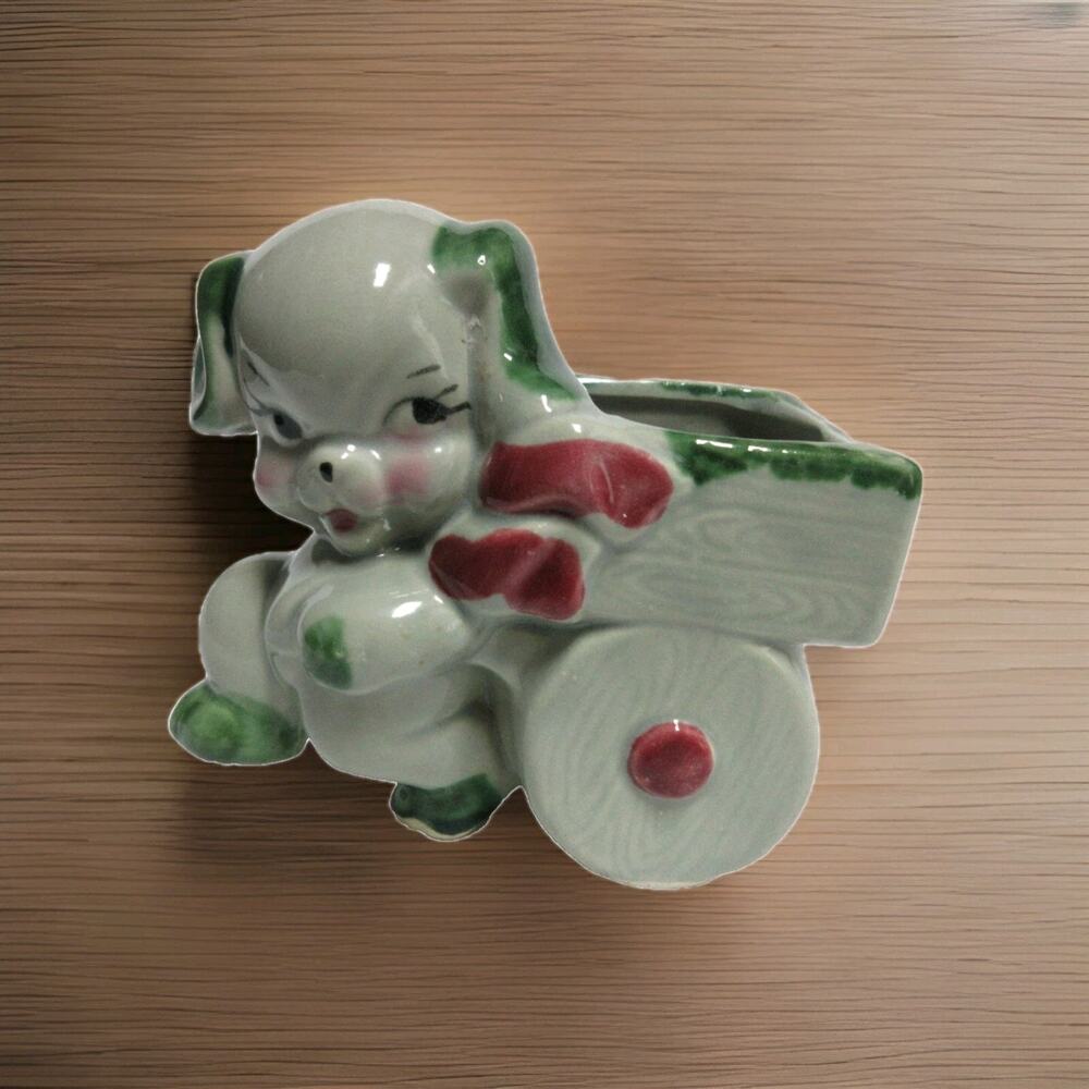 MCM Planter Decor 1950s Puppy Dog Pulling Cart Ceramic Red & Green Kitschy VTG